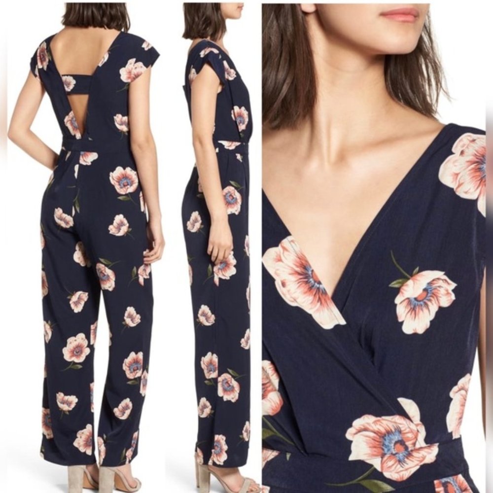 Navy blue Nordstrom formal floral jumpsuit with peephole back and pockets